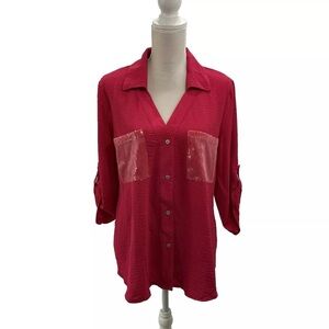 NWT Nuco Vibrant Pink Woven Top Women’s XL Sequined 3/4 Roll Tab Sleeve V Neck